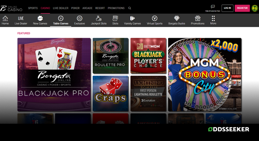 A screenshot of the desktop casino games library page for Borgata